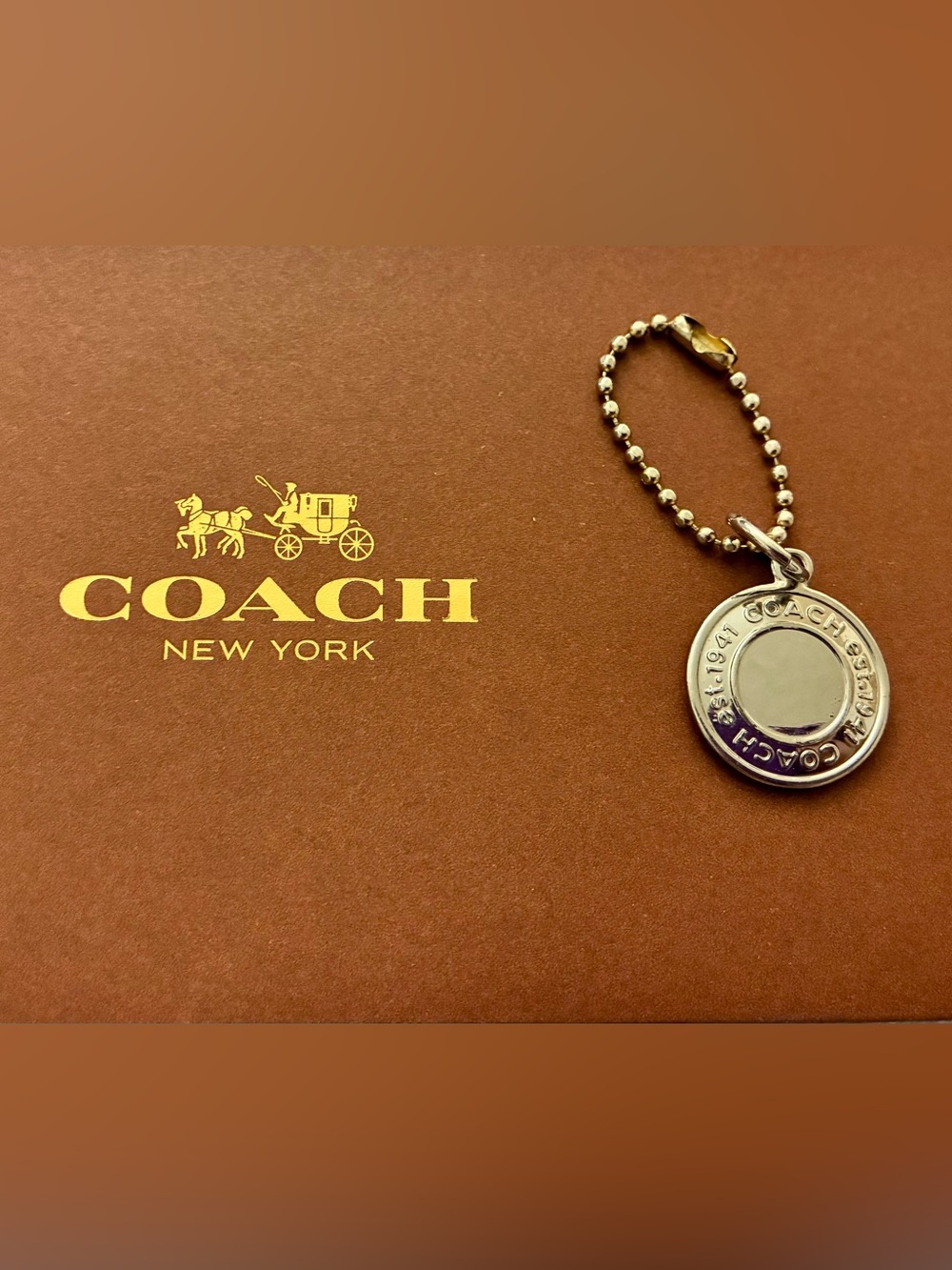 Coach Silver Medallion Circle Reflective Metal Hang Tag on Ball Chain